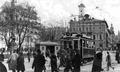 Tram against the background of the Videnska coffeehouse